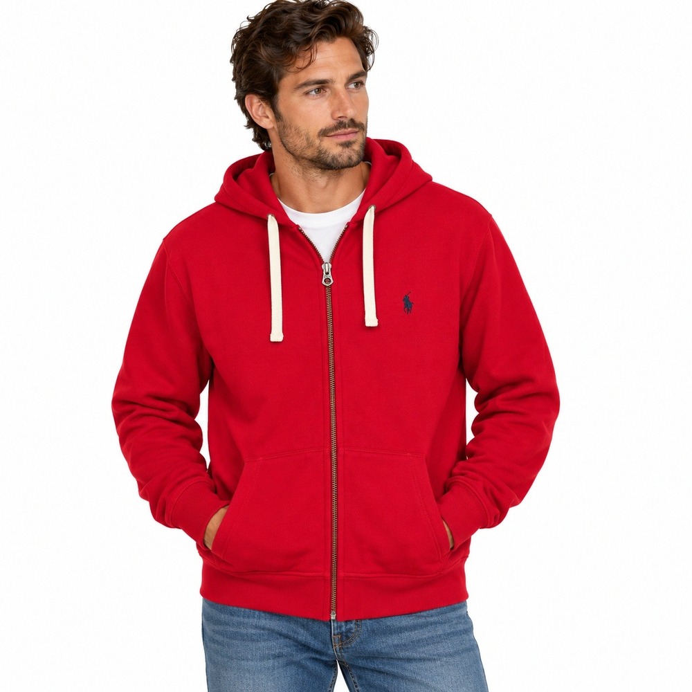 Vintage Y2K Polo Ralph Lauren Hoodie Mens L Red Full Zip Fleece Navy Pony Preppy